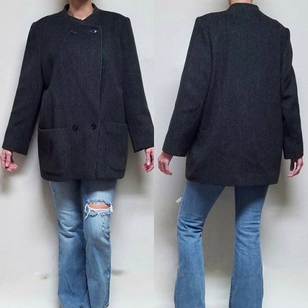 Vintage 1980s Karen Wool Cashmere Gray Striped Union Made No Collar Coat